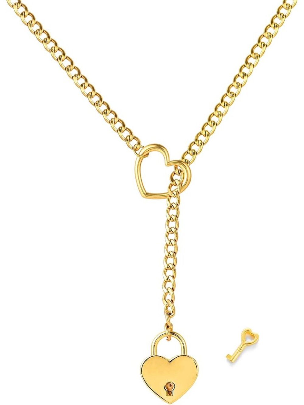 Heart O-ring Slip Chain Necklace for Women Punk Rock Stainless Steel Cuban Long - Picture 1 of 3